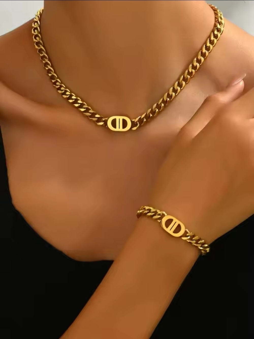 stainless steel with 18k gold plating Chain Necklace and Bracelet Set
